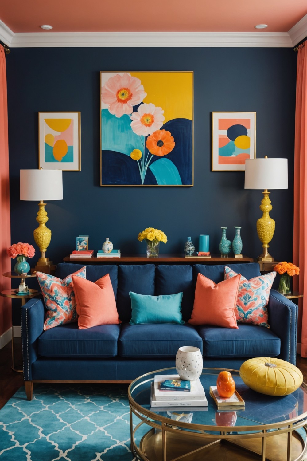 Navy Sofa Combined with Bright Accent Walls