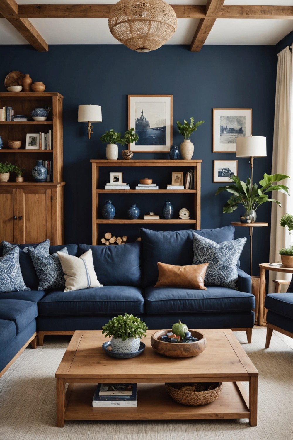 Navy Sofa Paired with Warm Wood Tones