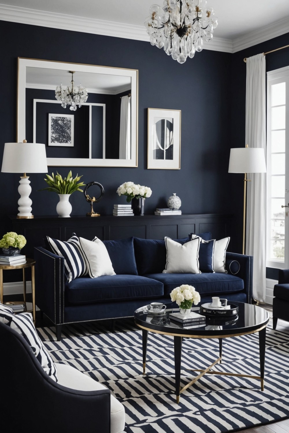 Navy Sofa Set against a Monochrome Black and White Theme