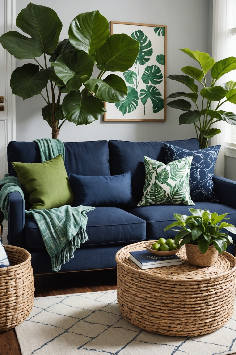 Navy Sofa Surrounded by Botanical Elements