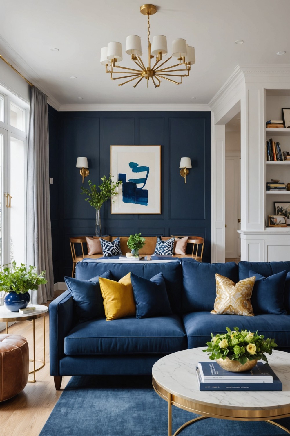 Open Concept Living with a Navy Sofa as a Focal Point