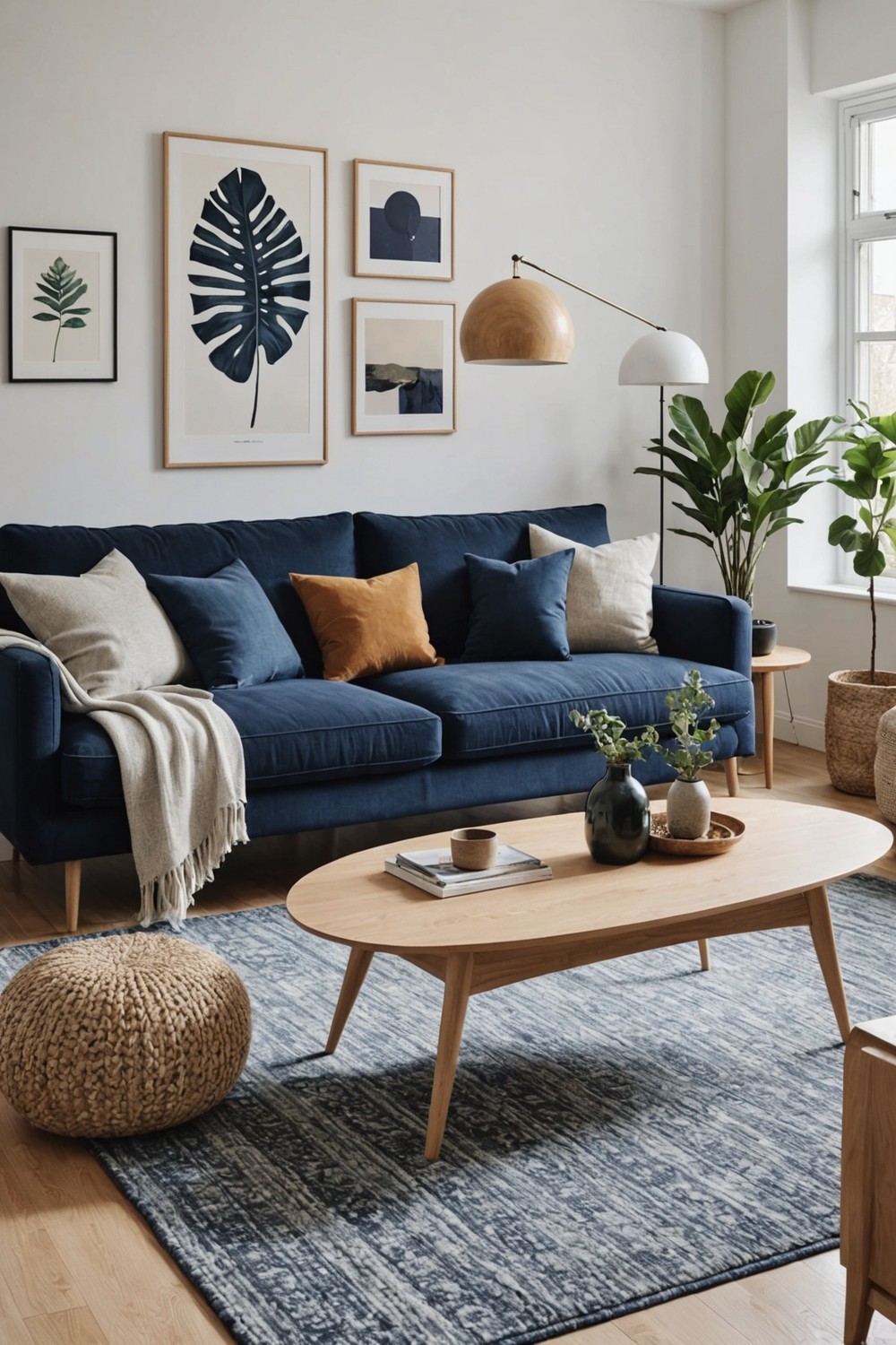 Scandinavian Inspired Living Room with Navy Sofa