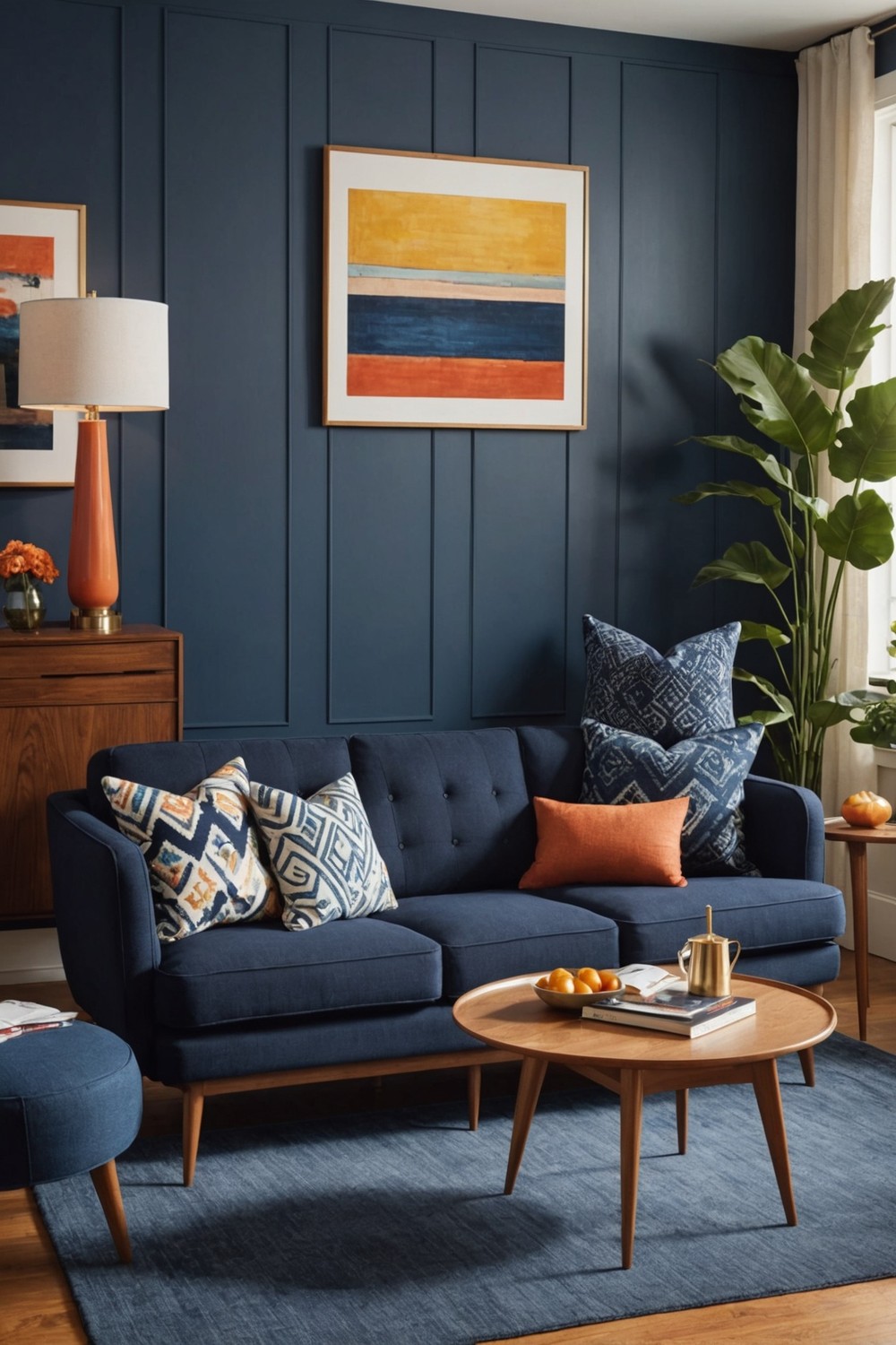 Sleek Navy Sofa with Mid-Century Modern Touches