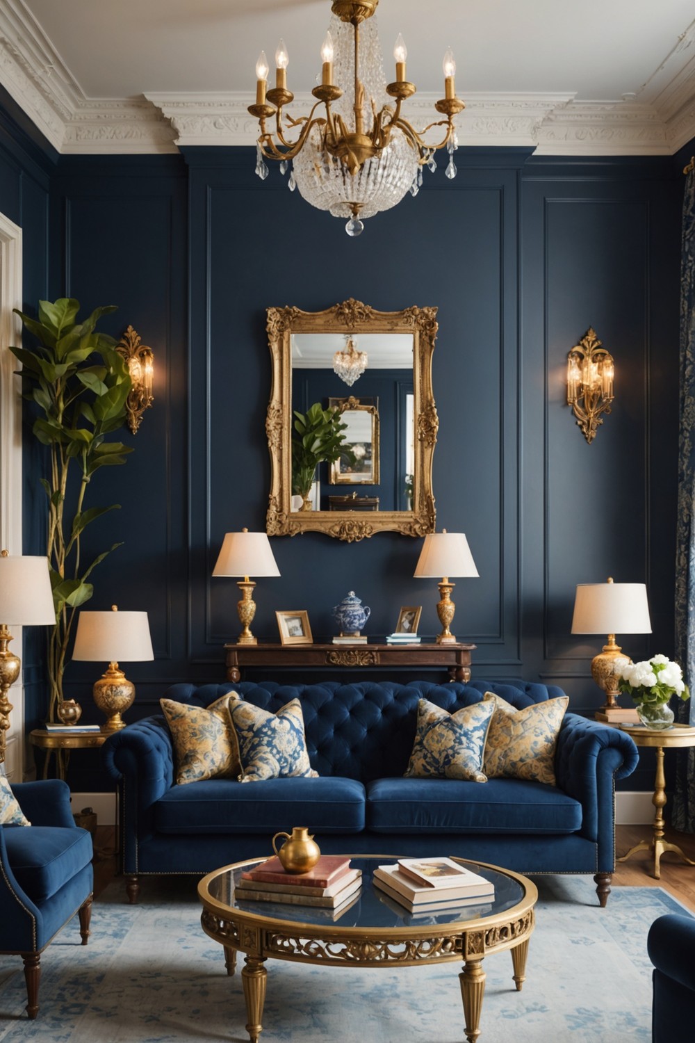 Vintage Glam with a Navy Sofa and Antique Decor