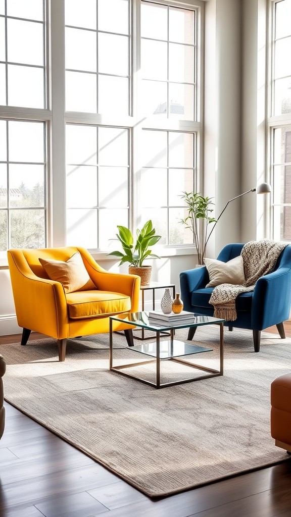 Accent Chairs in Blue and Yellow Fabrics