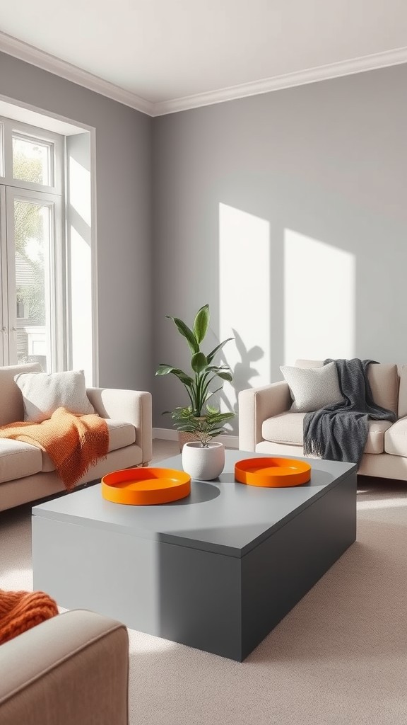 Add Gray Coffee Tables with Orange Decorative Trays