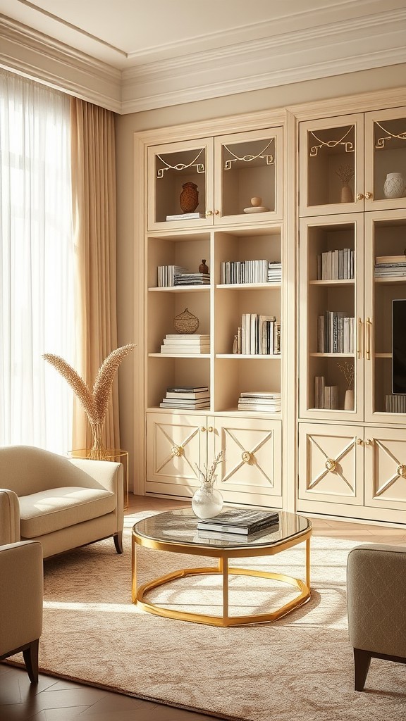 Beige Bookcases with Gold Hardware