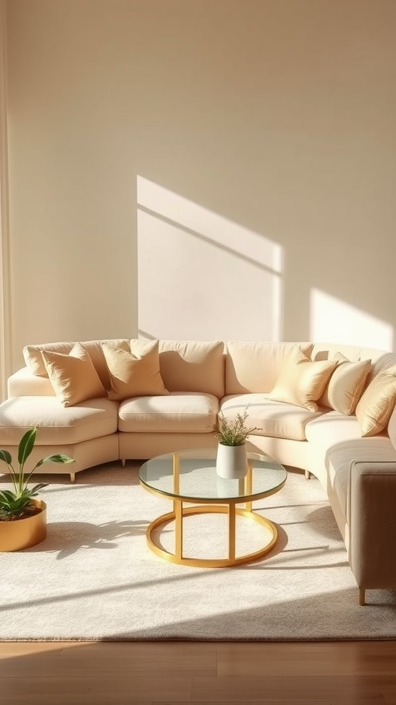 Beige Sectional Couch with Gold Accents