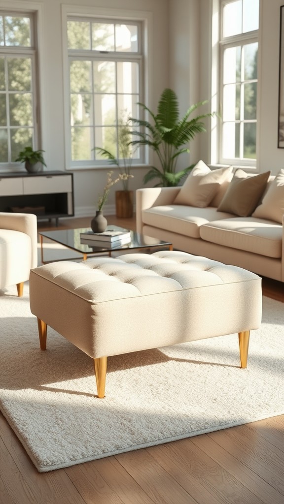 Beige Upholstered Ottoman with Gold Legs