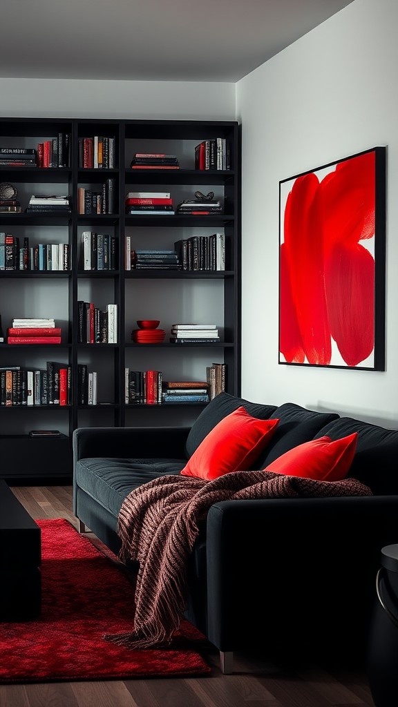 Black Bookshelves with Red Accents