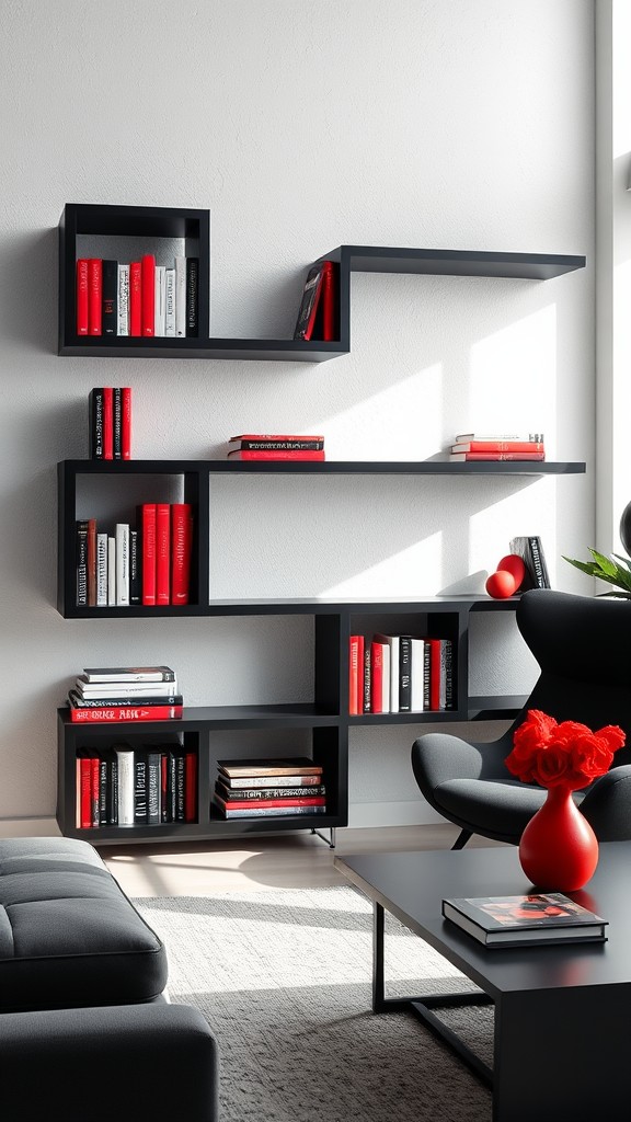 Black Bookshelves with Red Bookends