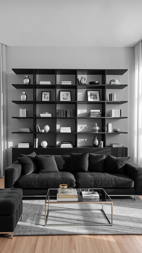 Black Bookshelves with Silver Accents