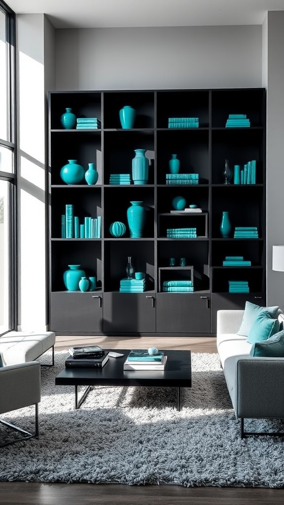 Black Bookshelves with Teal Decorative Objects