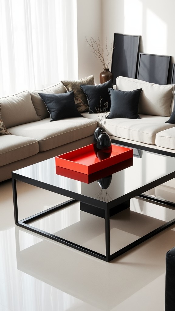 Black Coffee Table with Red Decorative Tray