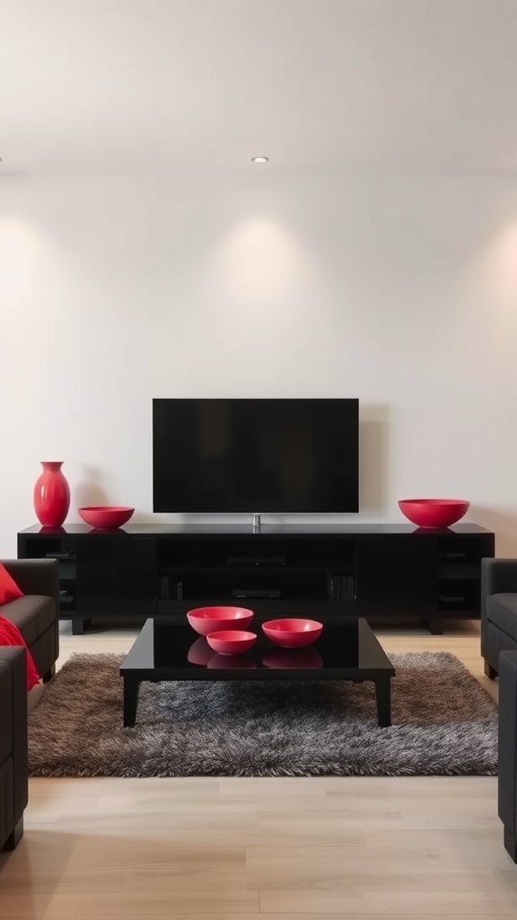 Black Entertainment Center with Red Accessories