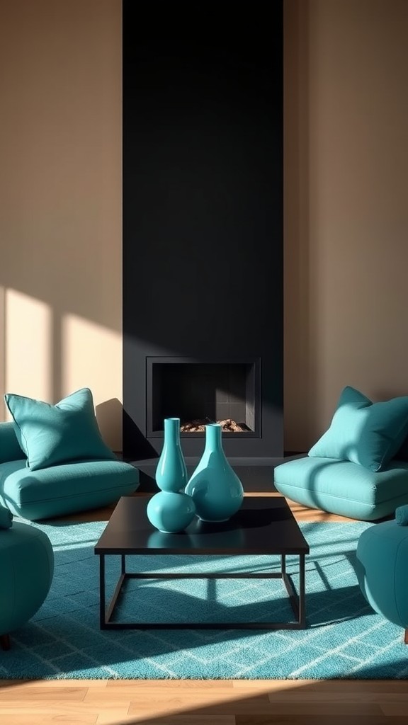 Black Fireplace with Teal Accessories