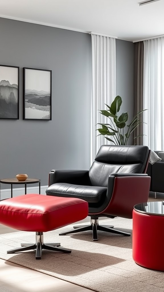 Black Leather Recliner with Red Footrest