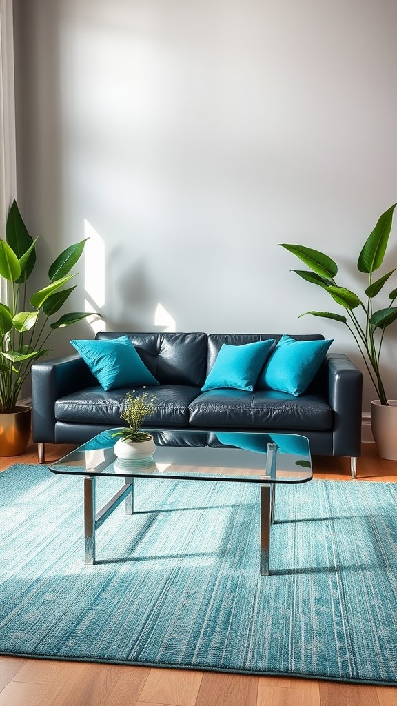 Black Leather Sofa with Teal Cushions