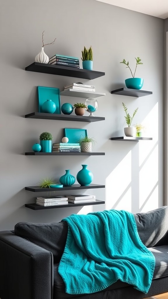 Black Wall-mounted Shelves with Teal Accents