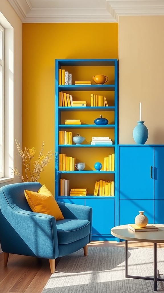 Blue and Yellow Bookshelves