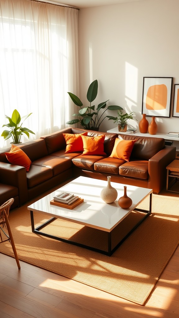 Brown Leather Sofas with Orange Accessories