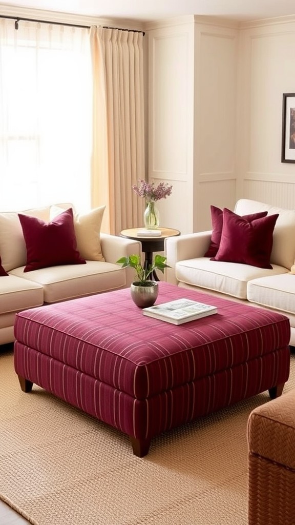 Burgundy Striped Ottoman