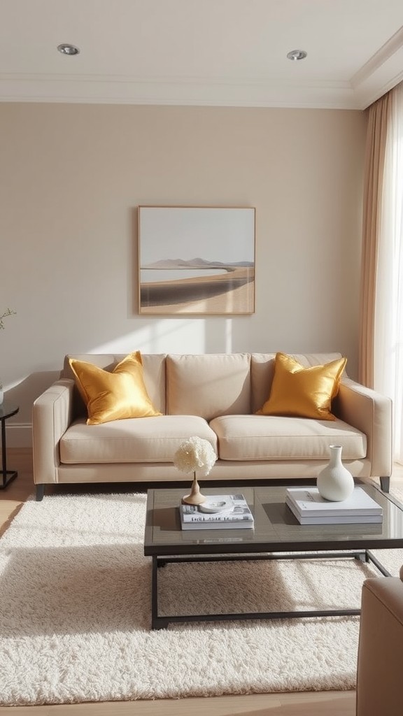 Cozy Beige Sofa with Gold Throw Pillows