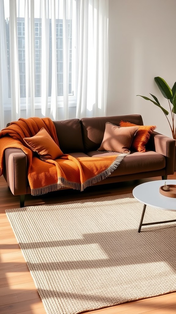 Earth-Toned Throws on a Brown Couch