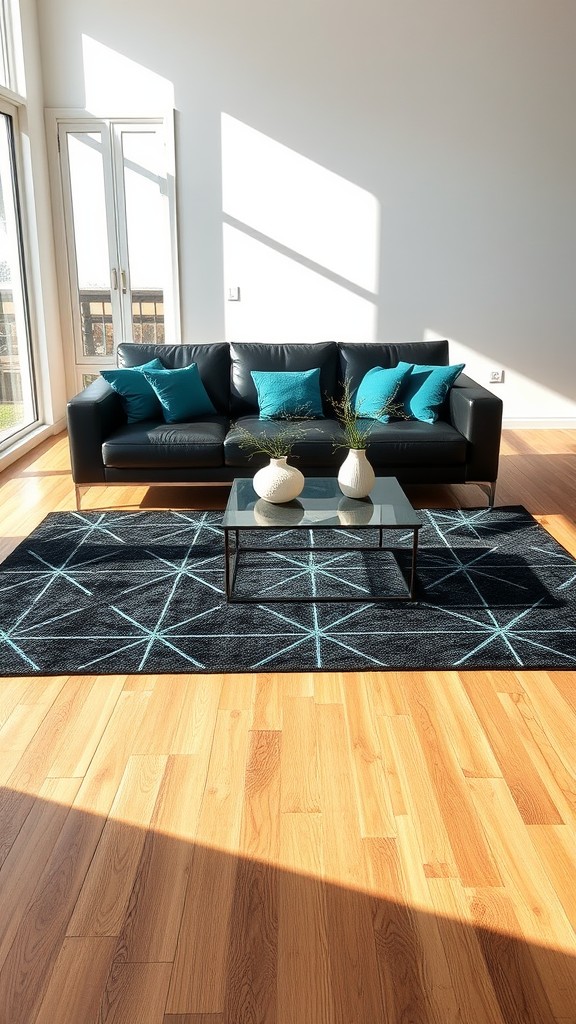 Geometric Black and Teal Area Rug