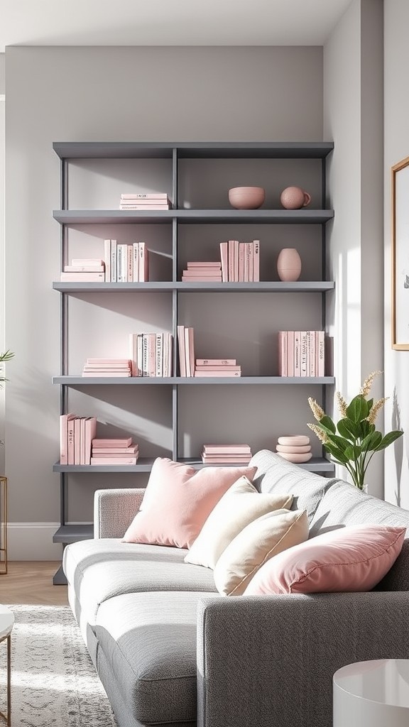 Gray and Pink Bookshelves