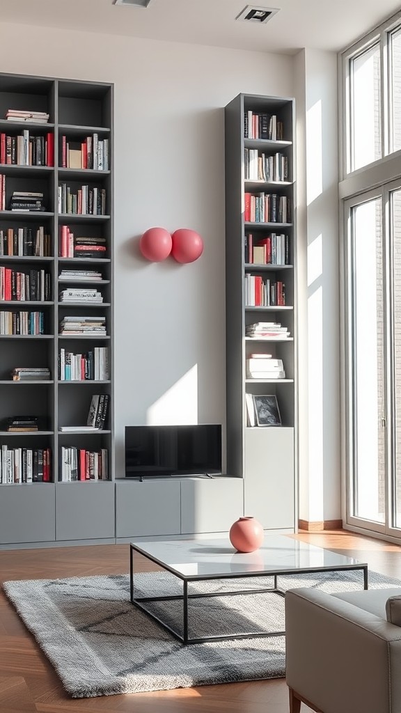 Gray Bookshelves with Pink Bookends