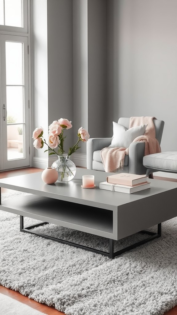 Gray Coffee Tables with Pink Decor Accents