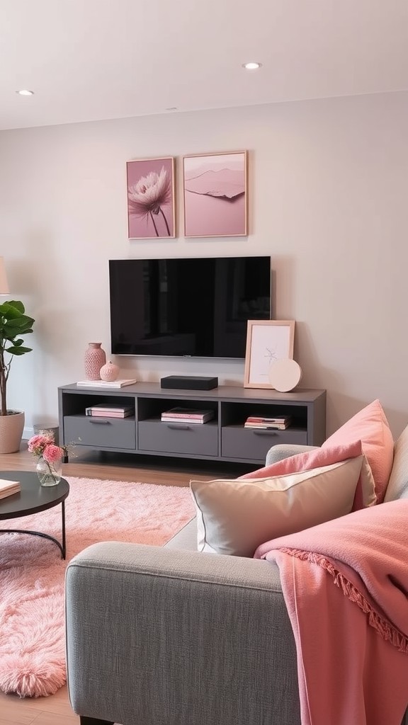 Gray Entertainment Center with Pink Decor