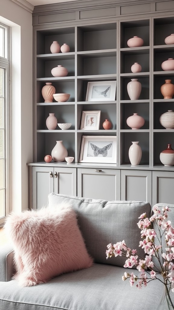 Gray Shelving Units with Pink Decor