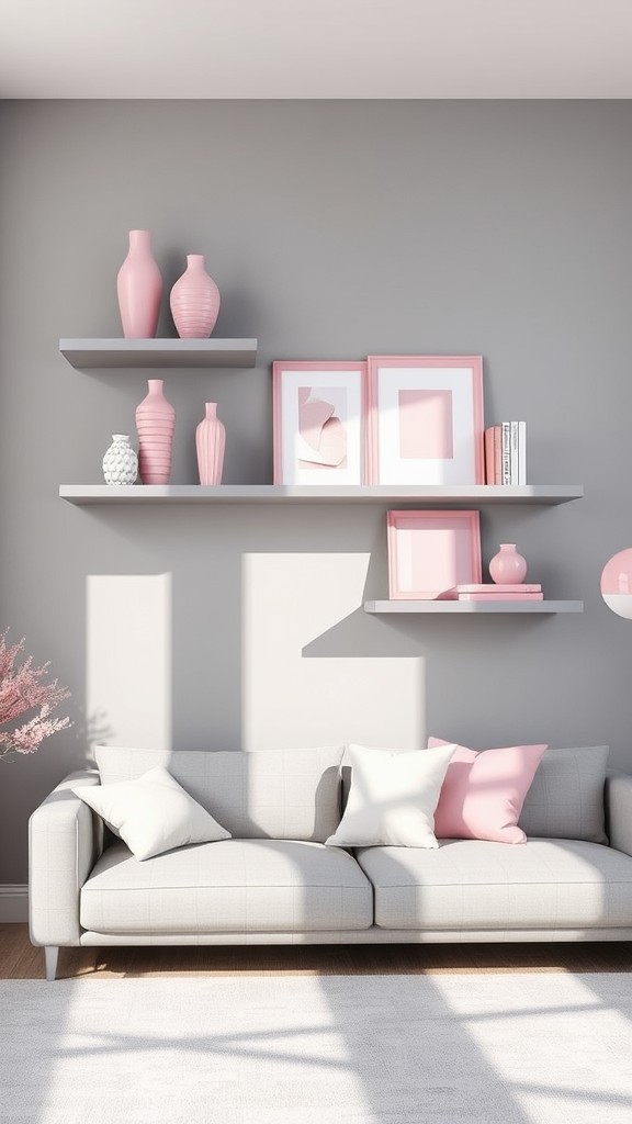 Gray Wall Shelves with Pink Decor Items