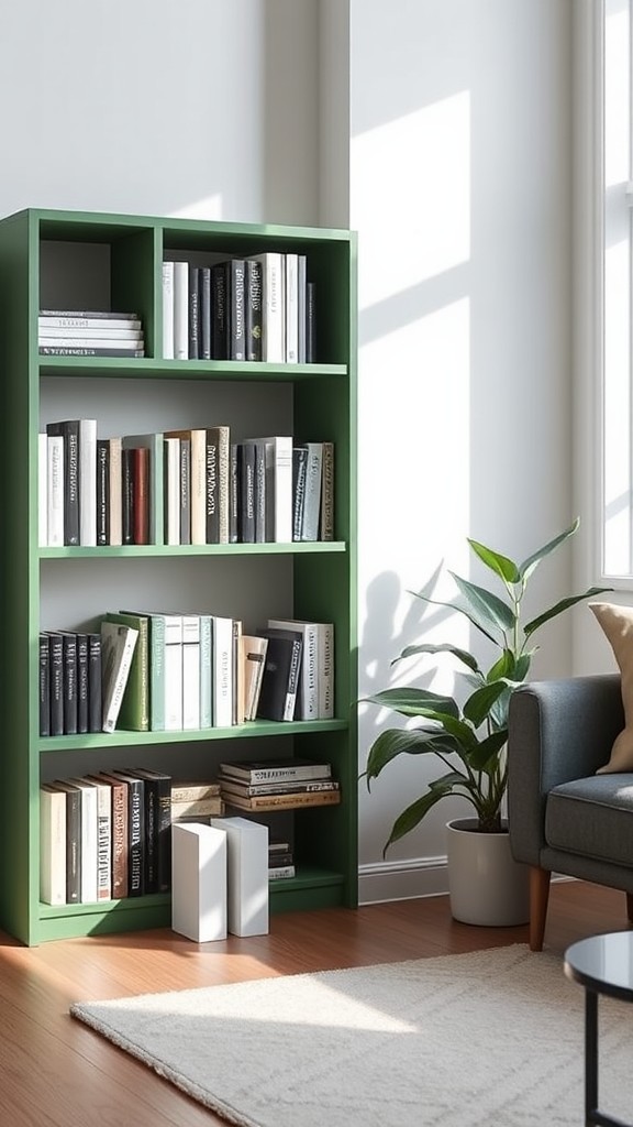 Green Bookshelf with White Bookends