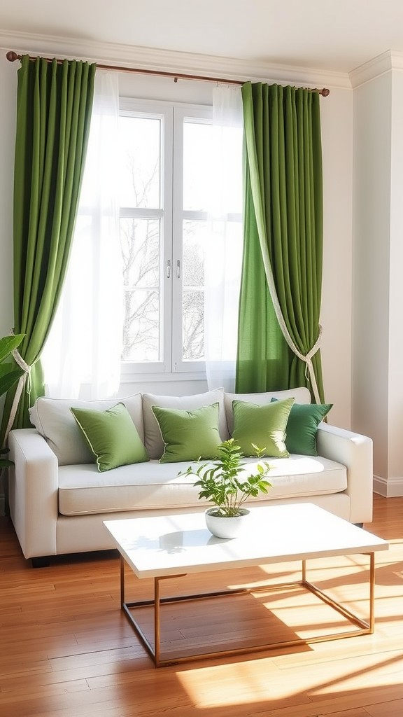 Green Curtains with White Trim