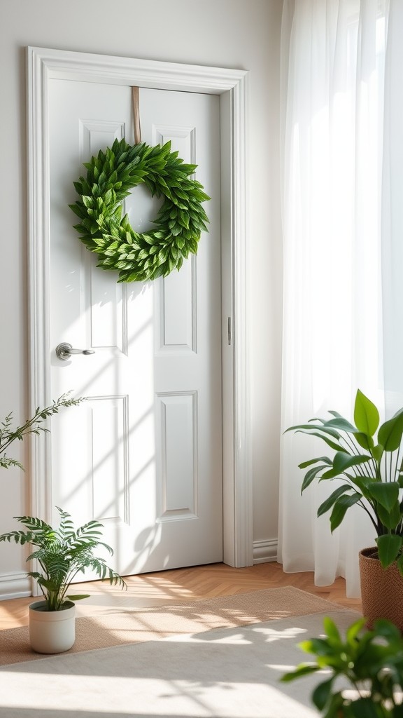 Green Foliage Wreath on White Door