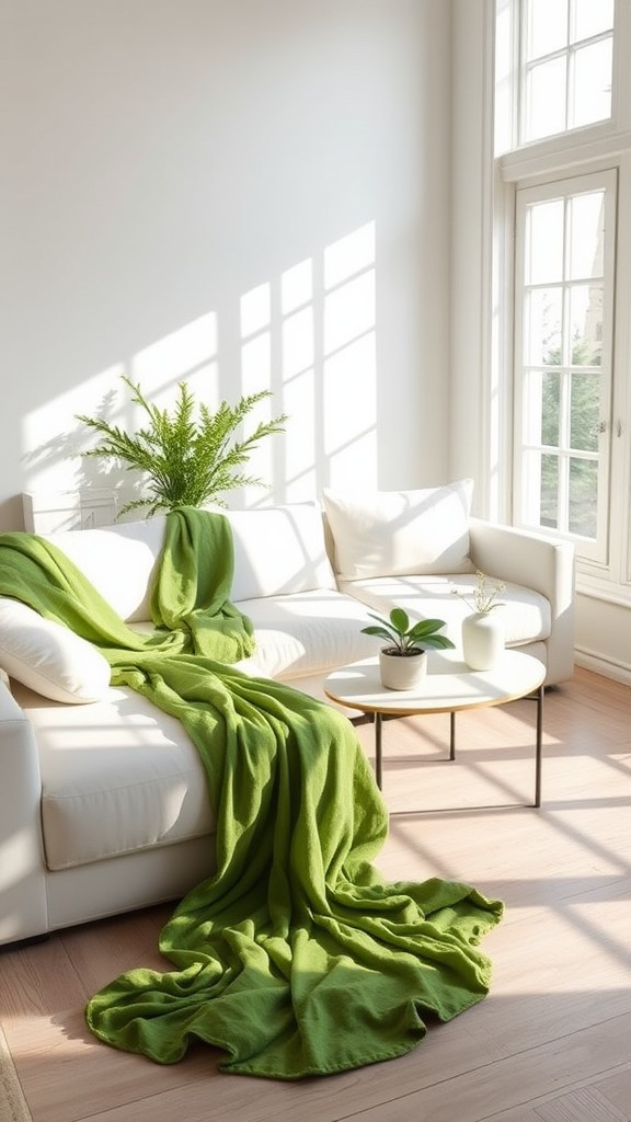 Green Throw Blankets on White Couch