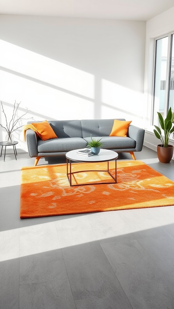 Incorporate an Orange Area Rug over Gray Flooring