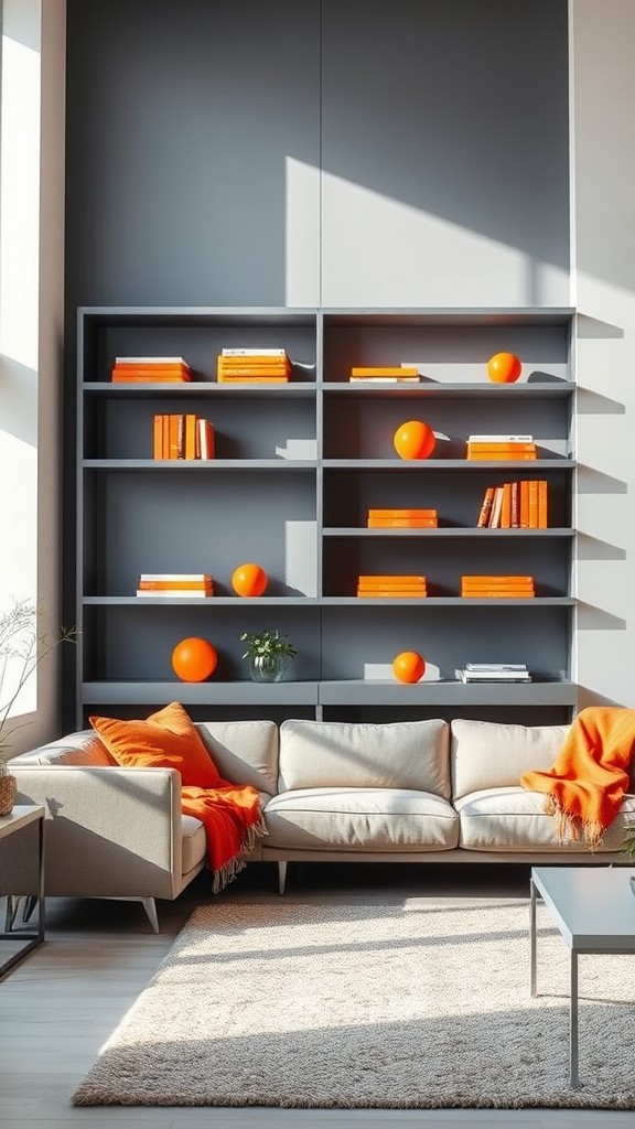 Integrate Gray Shelving Units with Orange Books and Decor