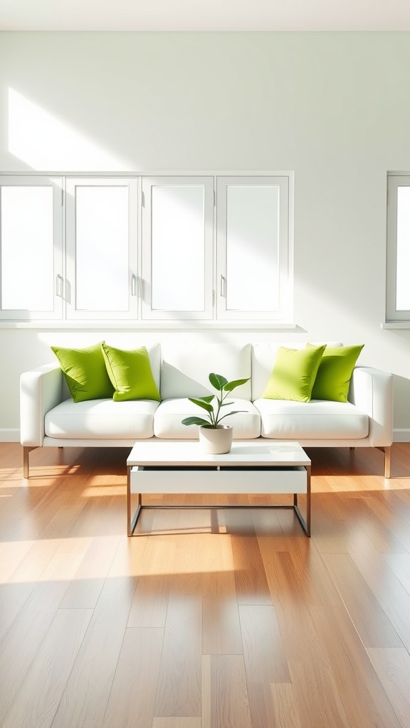 Minimalist White Sofa with Green Accent Pillows