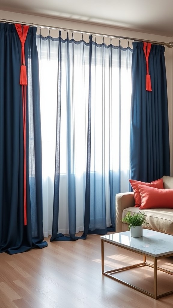 Navy Blue Curtains with Coral Tiebacks