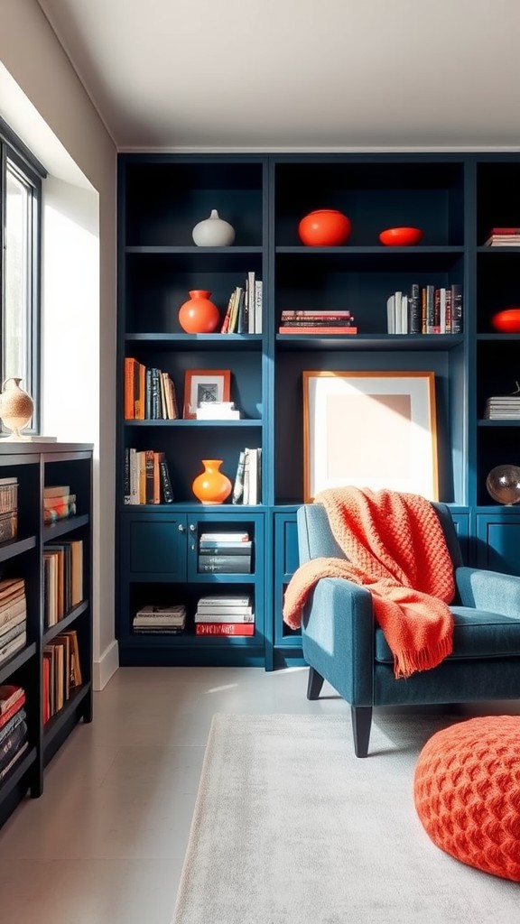 Navy Bookshelves with Coral Accessories