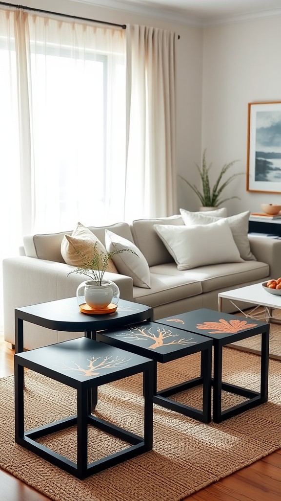 Navy End Tables with Coral Inlays