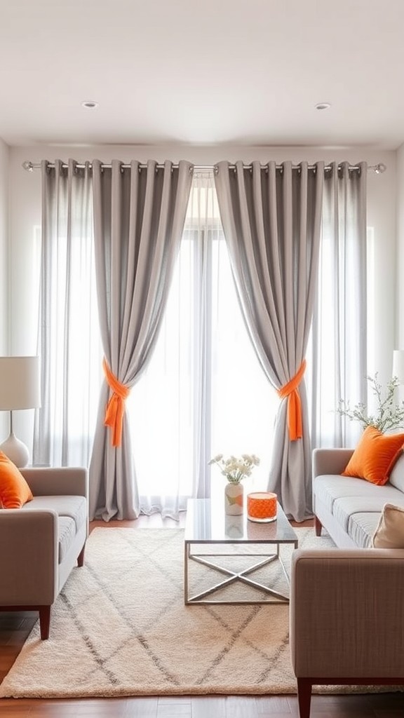 Opt for Gray Curtains with Orange Tiebacks