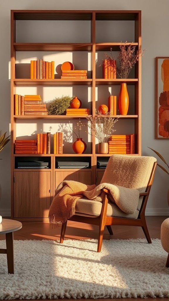 Orange and Brown Bookcase Styling