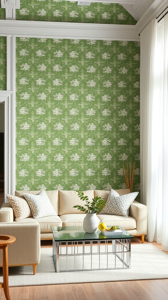 Patterned Green Wallpaper with White Trim