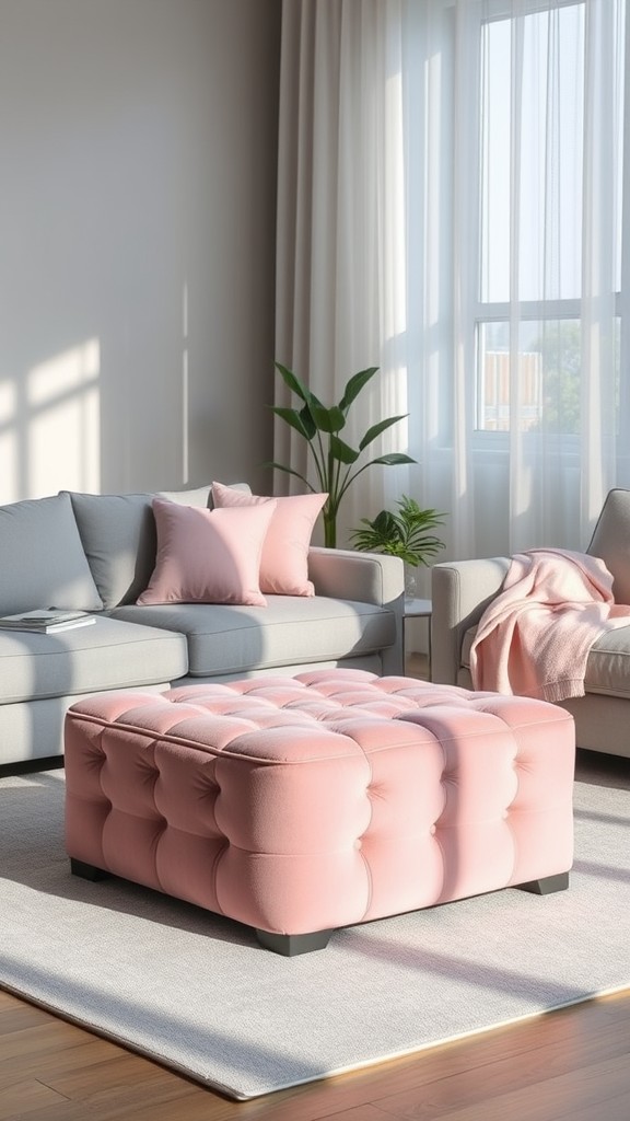 Pink Ottoman with Gray Living Room Furniture