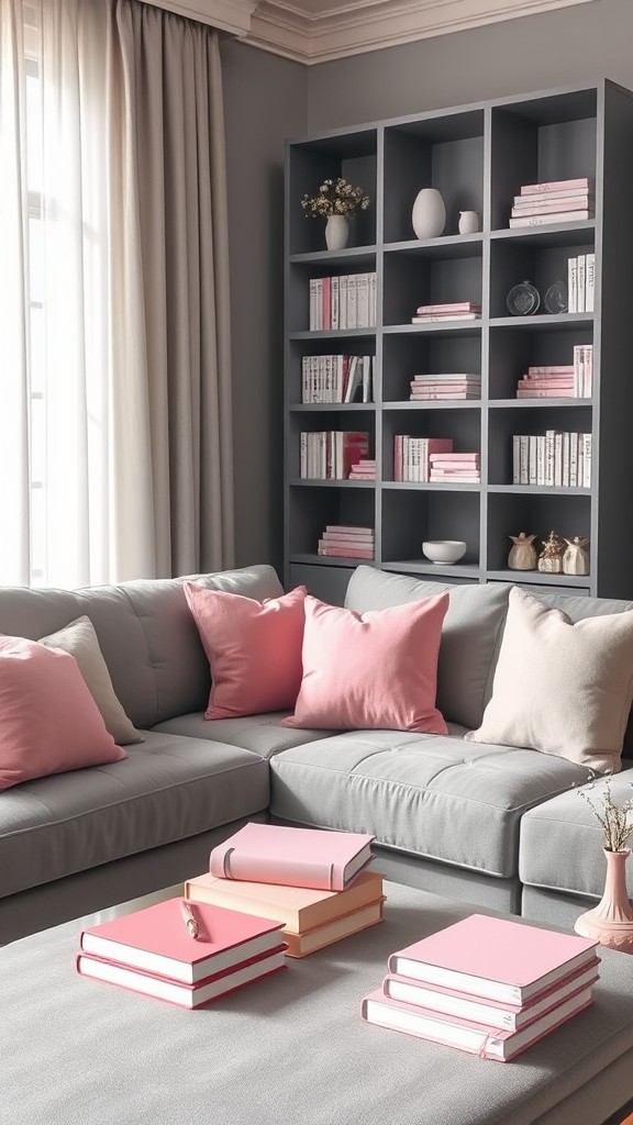 Pink Stationery and Book Decor in Gray Rooms